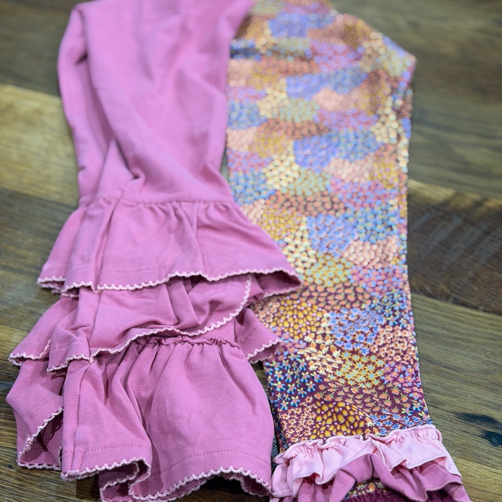 Matilda Jane Pink Ruffle Hem Kids Leggings with Multi-Color Pattern